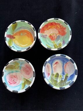 4 Hand Painted Dipping Bowls “Flowers & Lemon”x2”Original Design Ceramic Pottery